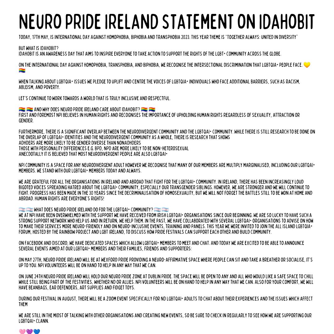 Full statement can be read on Facebook or YouTube or in this photo

#IDAHOBIT
#IDAHOBIT2023
#IDAHOBIT23
#LGBTQAI
#Neuroqueer
#TransRightsAreHumanRights
#LGBTRightsAreHumanRights