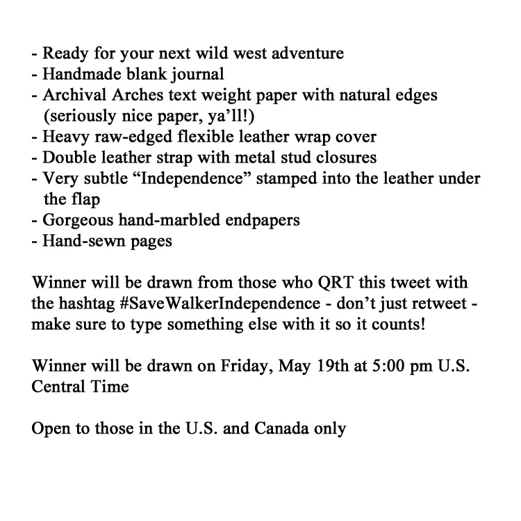 waywrdaughter67's tweet image. QRT this tweet with #SaveWalkerIndependence and I'll pick a winner end of day Friday May 19th for this rustic leather journal. I'll cover shipping. Open to U.S. and Canada only on this one. @jarpad @TheRealPhilemon @katedangerfield