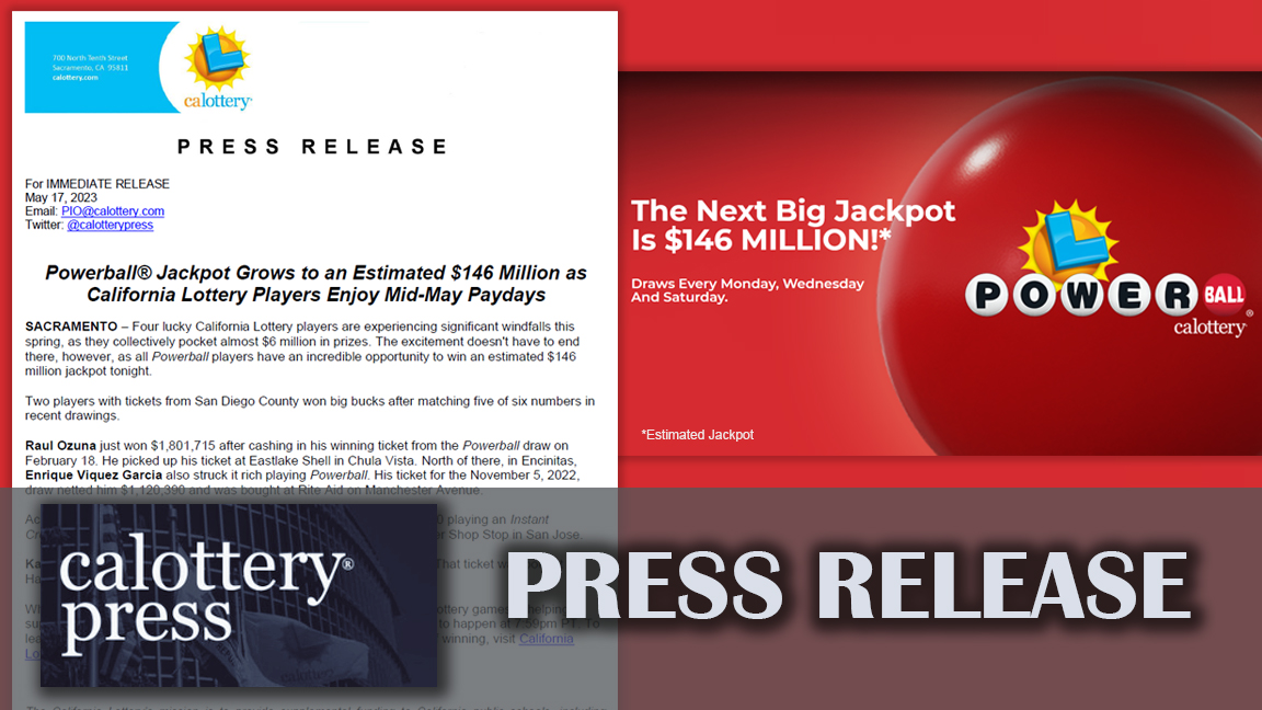 Tonight’s #Powerball #jackpot has grown to an estimated $146 million, with mid-May paydays galore as four #CALottery winners cash in big. Check out the latest big news https://t.co/4hBFgAnZ2d. #CaliforniaEducation https://t.co/ZcliwiOc2O