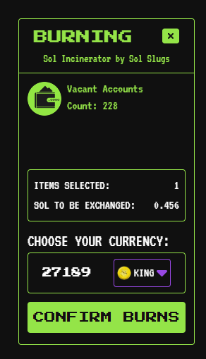 Just scooped 30k $KING at <a href="/solincinerator/">Sol-Incinerator</a> by buring rugs and closing vacant accounts on single wallet (27k alone by running the 'cleanup' utility). 👑