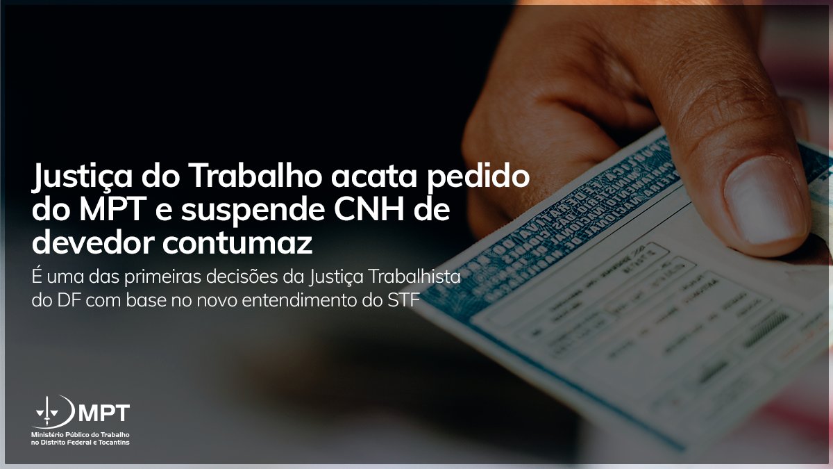 Decorridos mais de cinco anos de busca patrimonial, a Justiça do Trabalho acatou o pedido do Ministério Público do Trabalho no Distrito Federal, determinando que o Detran-DF proceda com a suspensão da CNH de empresário.

Saiba mais: link.mpt.mp.br/Y9PCjtQ