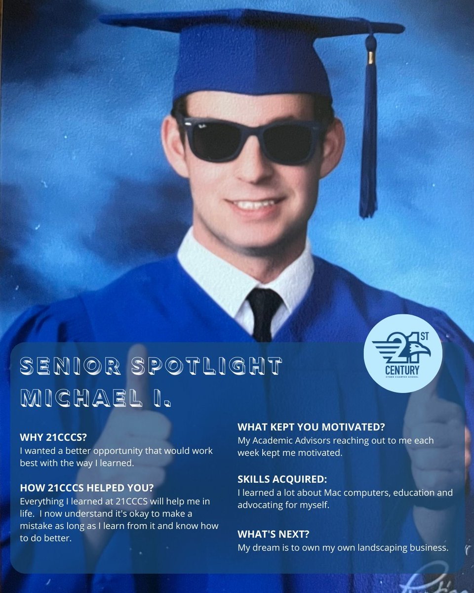21CyberSchool's tweet photo. Today's #SeniorSpotlight features Michael I., a 21CCCS student since 8th grade.

Michael chose #21CCCS because he wanted a better opportunity that would work best with how he learned. 

He has a dream of owning his own landscaping business. #21CyberStrong https://t.co/rA4RrYyB6i