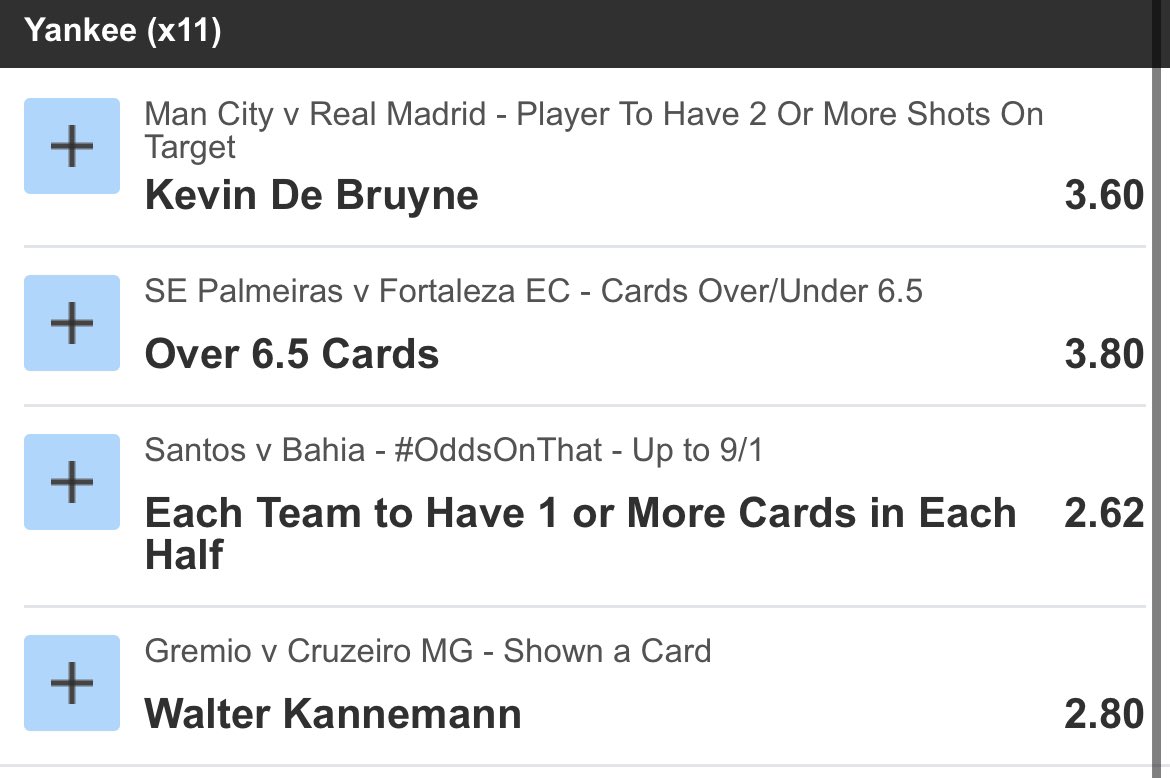 CrackTheStats's tweet image. YANKEE! 

De Bruyne 2+ SOT 🎯 
OVER 6.5 CARDS 🇧🇷 
Card each half 🇧🇷 
Kannemann the 🐐🟨

#bettingtips #bettingtwitter