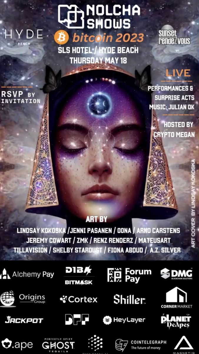 melaniecarstens's tweet image. So cool to see artworks from @ArnoCarstens Digitised Collection at @nolchashows #Bitcoin2023 #BitcoinMiami 
Hosted by @megan_crypto

Also featuring art by: @Infinite_Mantra / @PasanenJenni /@ArnoCarstens / @jeremycowart / @madebyoona /
@renzrenderz / @DeGodsNFT / @fionaaboud /