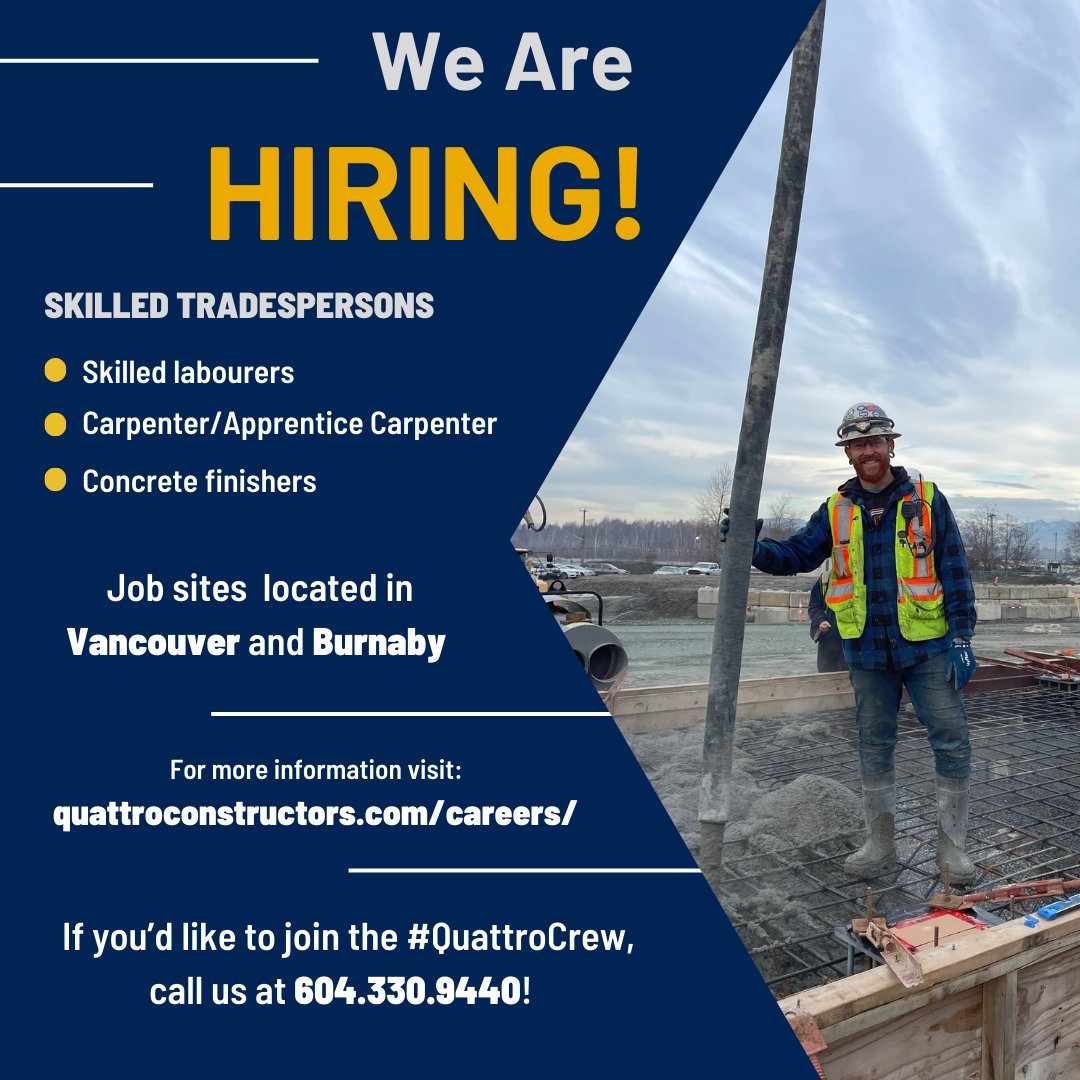 QConstructors's tweet photo. WE’RE HIRING!

For more information about Quattro and our job descriptions visit https://t.co/yVJmKBjO2T.

If you’d like to join the #QuattroCrew, call us at 604.330.9440! 
 
#PartneringforSuccess #QuattroCrew #BuildingTalent #construction #heavycivilconstruction https://t.co/C4JJWAmmjH