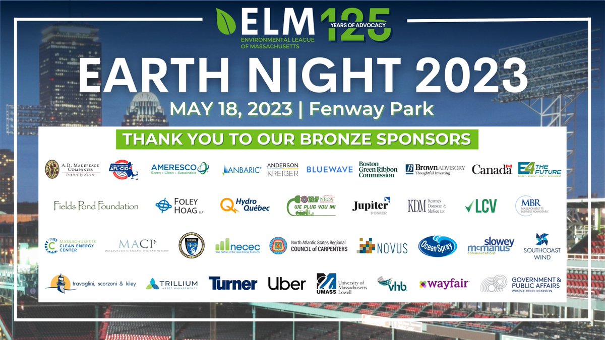 Thank you to our #EarthNight2023 Bronze Sponsors for your support of our mission to advocate for policy that meets the scale and urgency of our environmental challenges.

We look forward to celebrating with you tomorrow, May 18, at @FenwayPark: bit.ly/EarthNight2023