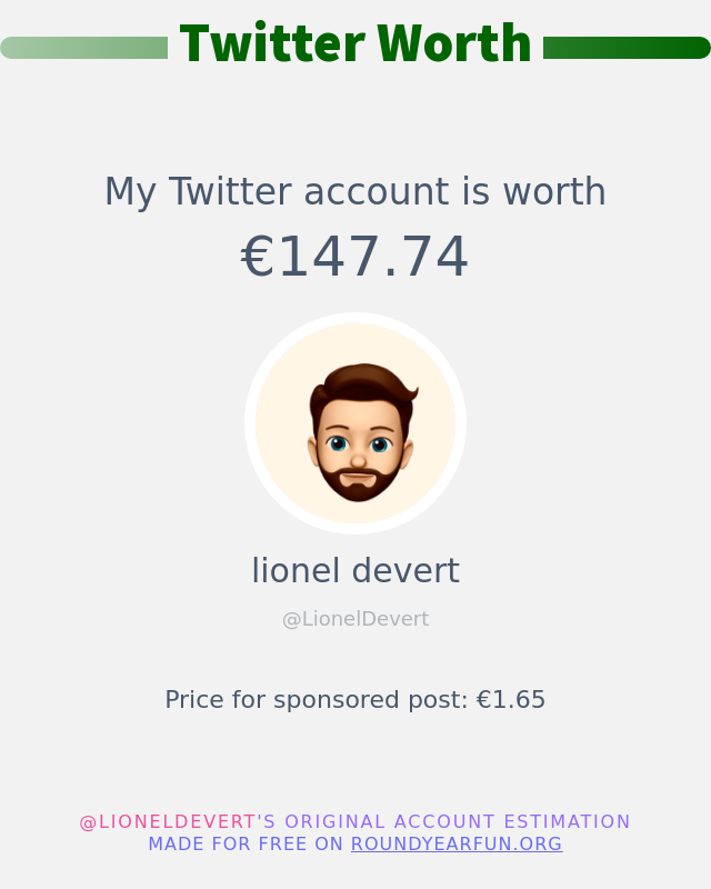 LionelDevert's tweet photo. Mon twitter vaut: €147.74

➡️ https://t.co/l8lyvDQONS https://t.co/LHdwjutx25