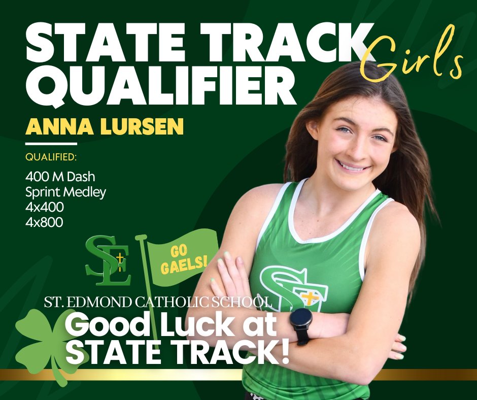 SEGaels's tweet photo. STATE TRACK QUALIFIER | ANNA LURSEN
St. Edmond Catholic School | Good Luck, Anna!
.
.
.
#statetrackqualifier #stedmondcatholicschool #goodluck #gogaels https://t.co/afUSlBJH2W
