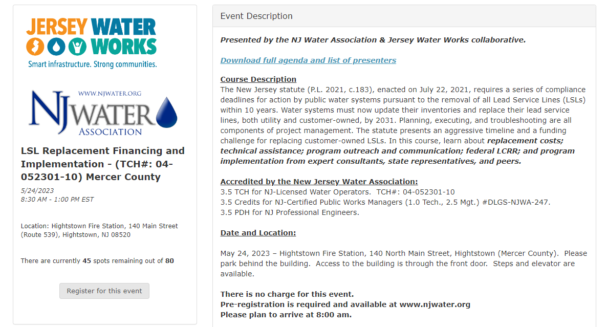 JerseyWaterWrks's tweet photo. Spots are still open for our in-person training on May 24 from 8:00am–1:00pm! 🚰Learn about lead service line replacement costs, technical assistance, and more!   

Need credits? The session is accredited by @NJWATER! Register here: https://t.co/0vZDY47mHd

#InfrastructureWeek https://t.co/0yL0eFdiY8