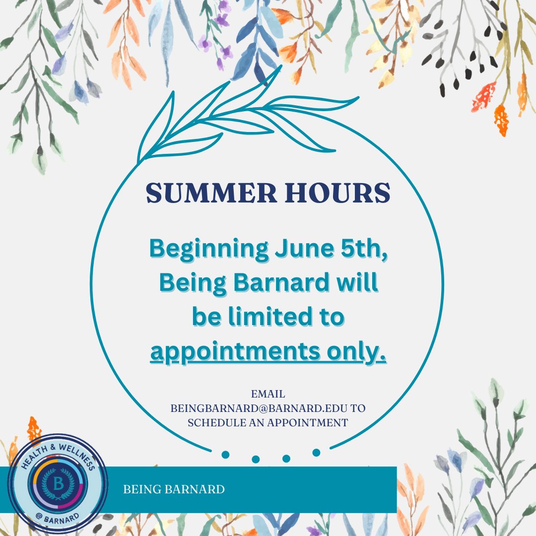 BeingBarnard's tweet photo. Being Barnard will be closed Thursday, May 18 - Sunday, June 4th

The office will be open by appointment for the summer starting June 5th.

Monday -Thursday: 9 am - 5 pm (EST)

Fridays: 9 am - 1 pm (EST)

Email beingbarnard@barnard.edu to schedule an appointment.

Follow @barnard https://t.co/2Nan4Il4wu