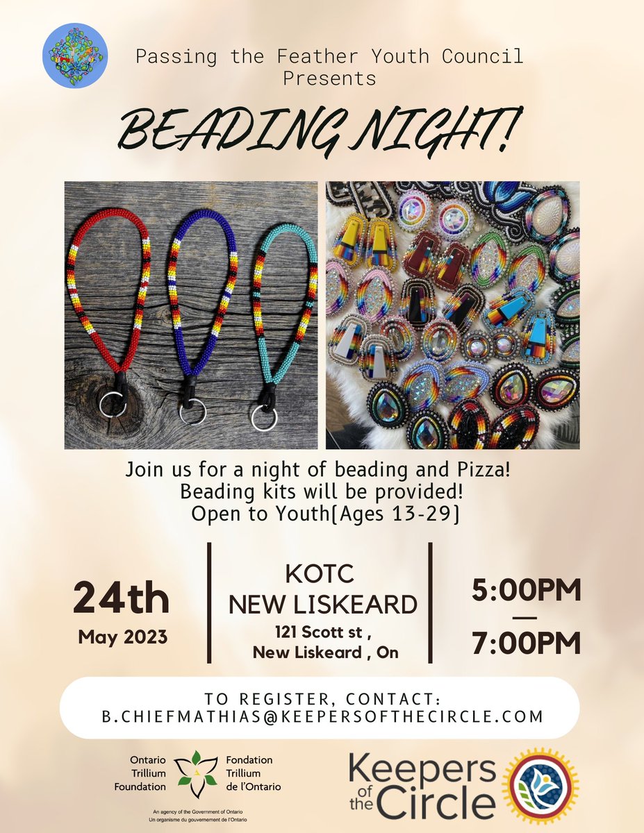 Come on over to Keepers of the Circle and Join Brandy and other friends for an evening of beading. 
Please contact Brandy to register! 
Full details on poster 😀
#Indigenousyouth #Bead #Create #Art