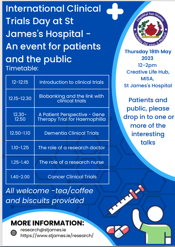 DementiaTrials's tweet photo. Join us @dementiatrials in celebrating International Clinical Trials Day with our friends and colleagues in @stjamesdublin CRF. See you at 12:50! @IracemaLeroi @TCDGerontology @DSIDCDementia  @HRB_NCTO #clinicaltrials #SJH https://t.co/xladC7YjzB