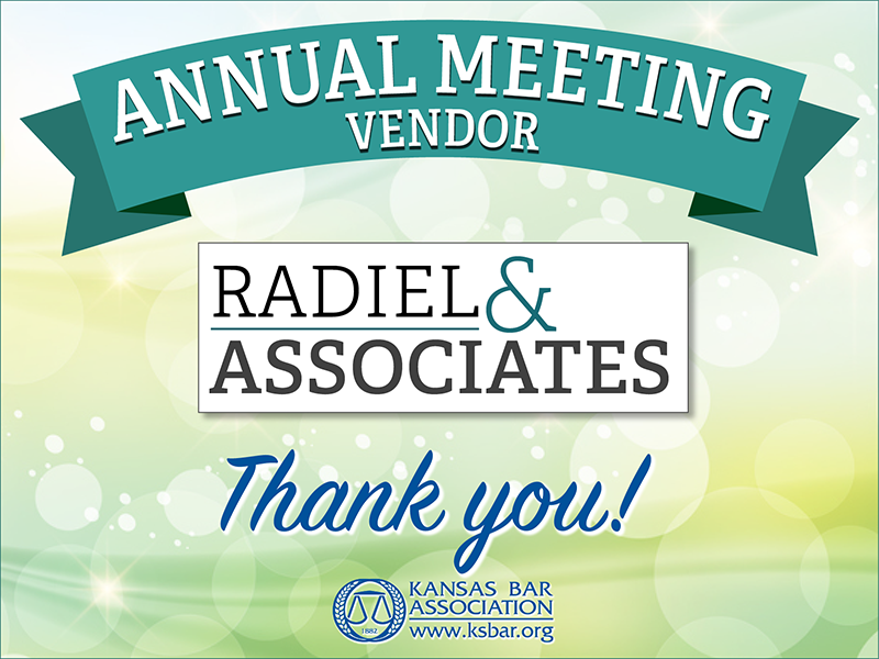 KansasBar's tweet photo. Thank you for Radiel &amp; Associates LMC for being a vendor at the upcoming 2023 KBA Annual Meeting! https://t.co/Q256kr9R3T https://t.co/fyqriZc9a8