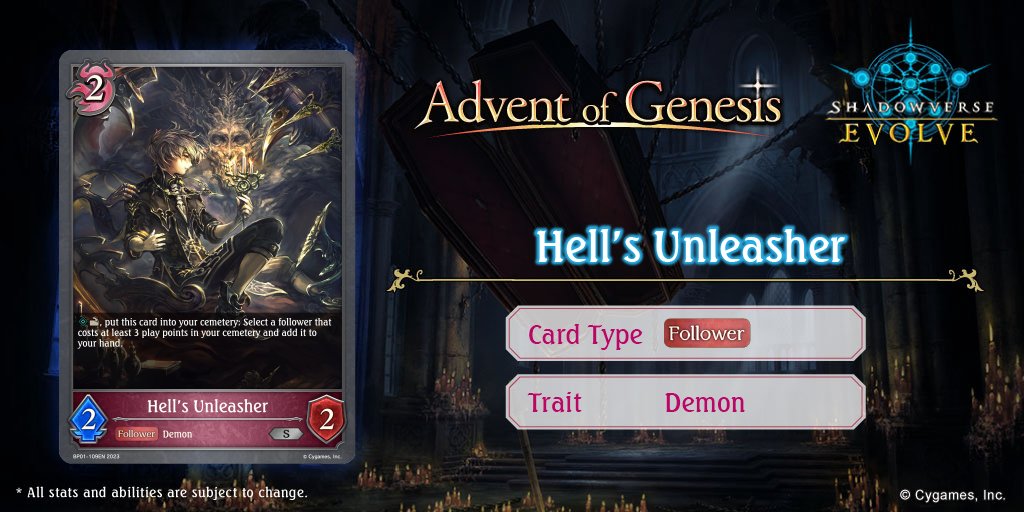 svevolve_en's tweet photo. Blood and souls are the most savory offerings for demons!

A second dawn awaits in the first booster set, Advent of Genesis, available from June 30 at your local store!

#Shadowverse #ShadowverseEvolve https://t.co/3ZQ5nvvEGE