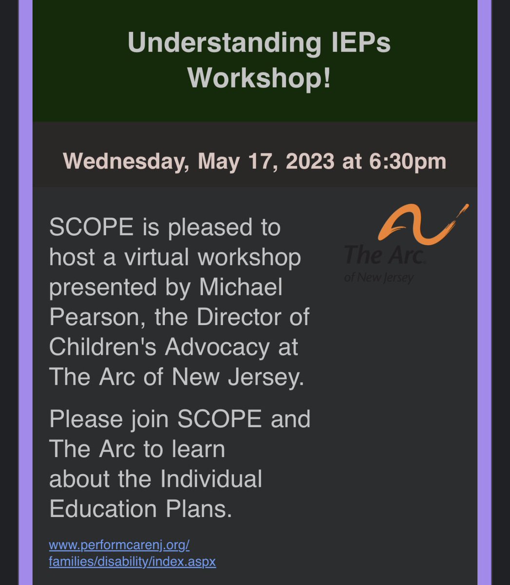 Join us tonight at 6:30 p.m. for a virtual workshop to learn more about The Arc of New Jersey.  For more info, visit scopemarlboro.ptboard.com