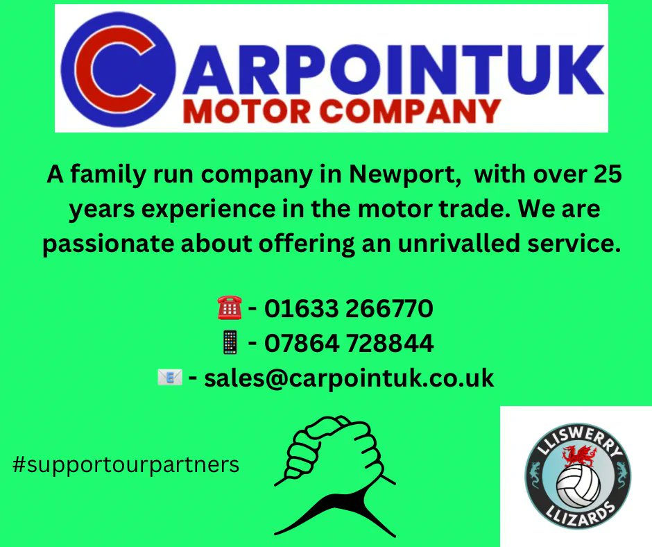 🚨The club is delighted to announce another partner to the Llizards family🚨
Carpoint UK, Motor Company have kindly agreed to sponsor our new U9 boys.
Welcome aboard 🦎 
#lliswerryllizardsfc🦎 #supportourpartners #communityclub #lliswerry #Newport