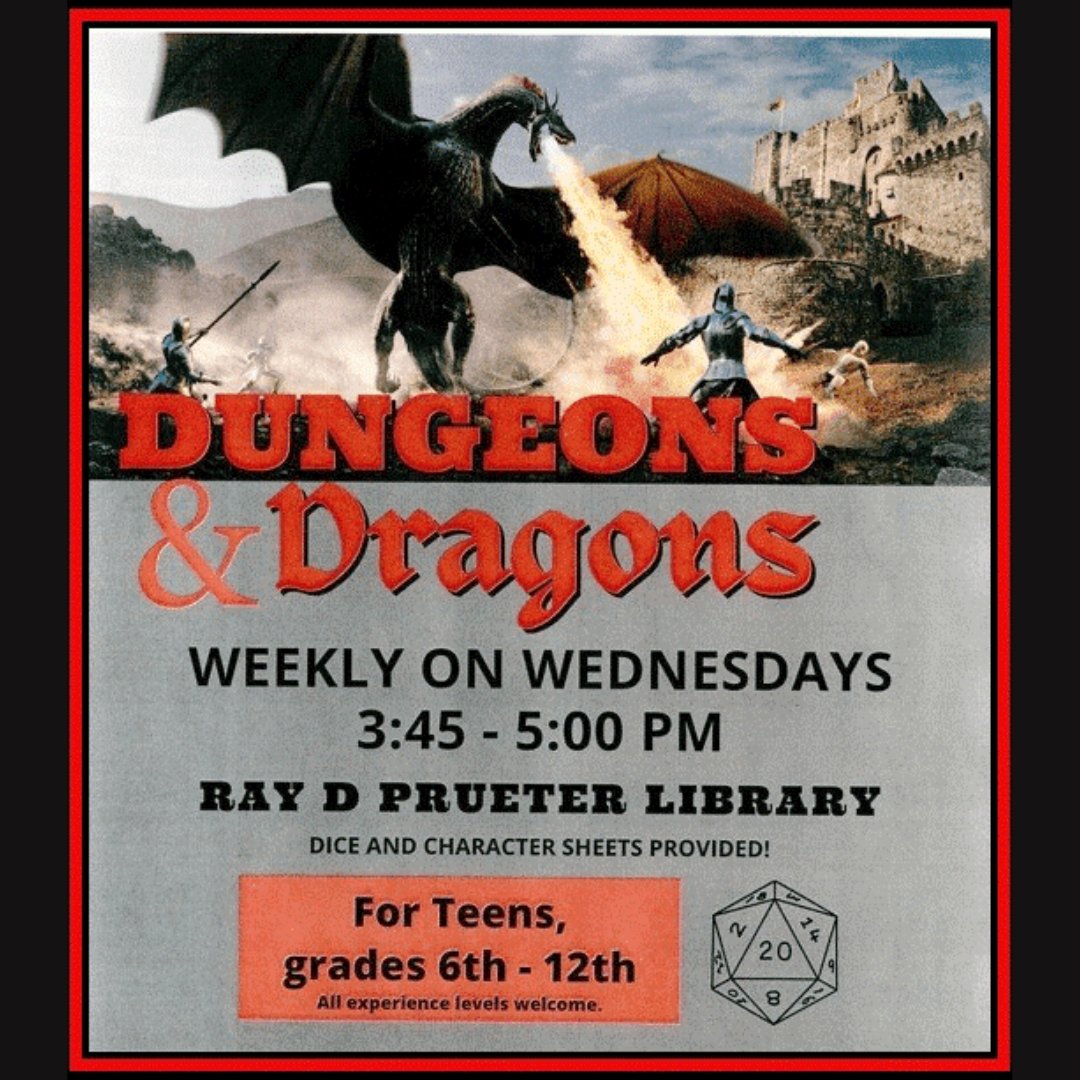 vencolibrary's tweet photo. Hear ye! Hear ye! All teenage explorers of the realm!
The time is nigh to PROOVE yourselves worthy of the call to Adventure!"
Join Dungeon Master Chris for role-playing fun on Wednesdays from 3:45-5 pm!! ๐๐ฒ
#vclPrueterLibrary #DungeonsAndDragons #TeenExplorers https://t.co/uxN8P9BS4T