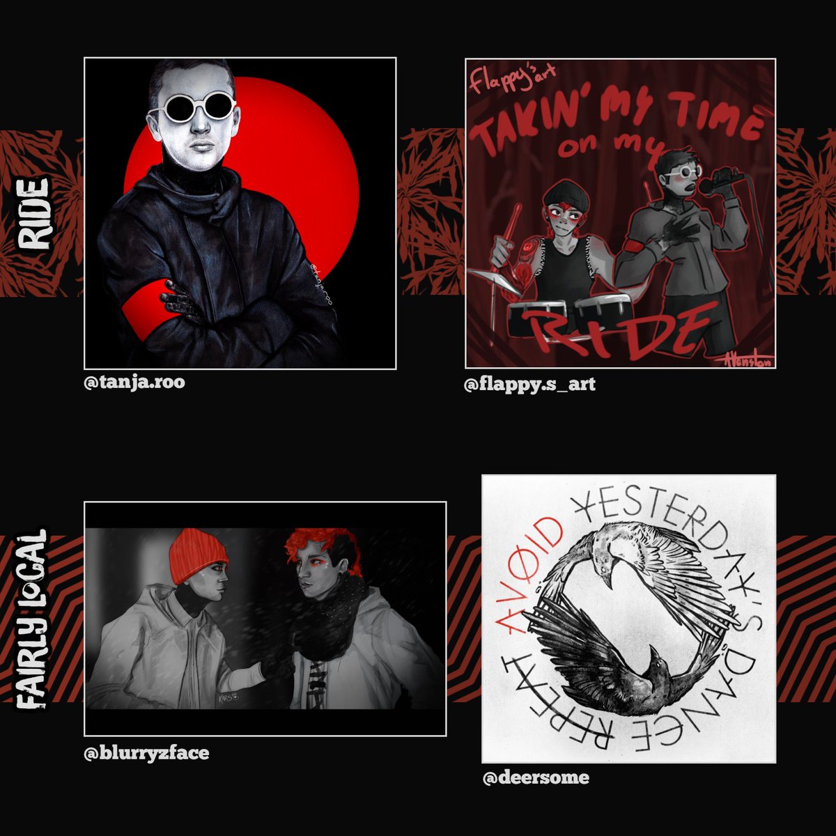 artbytheclique's tweet photo. happy 8th anniversary, blurryface! you started this amazing storyline and have united a lot of us along the way. also some banger songs. 28 artists joined us to make art inspired by those songs, check them out below 8️⃣❤ #cliqueart https://t.co/Ww5EhzRpzA