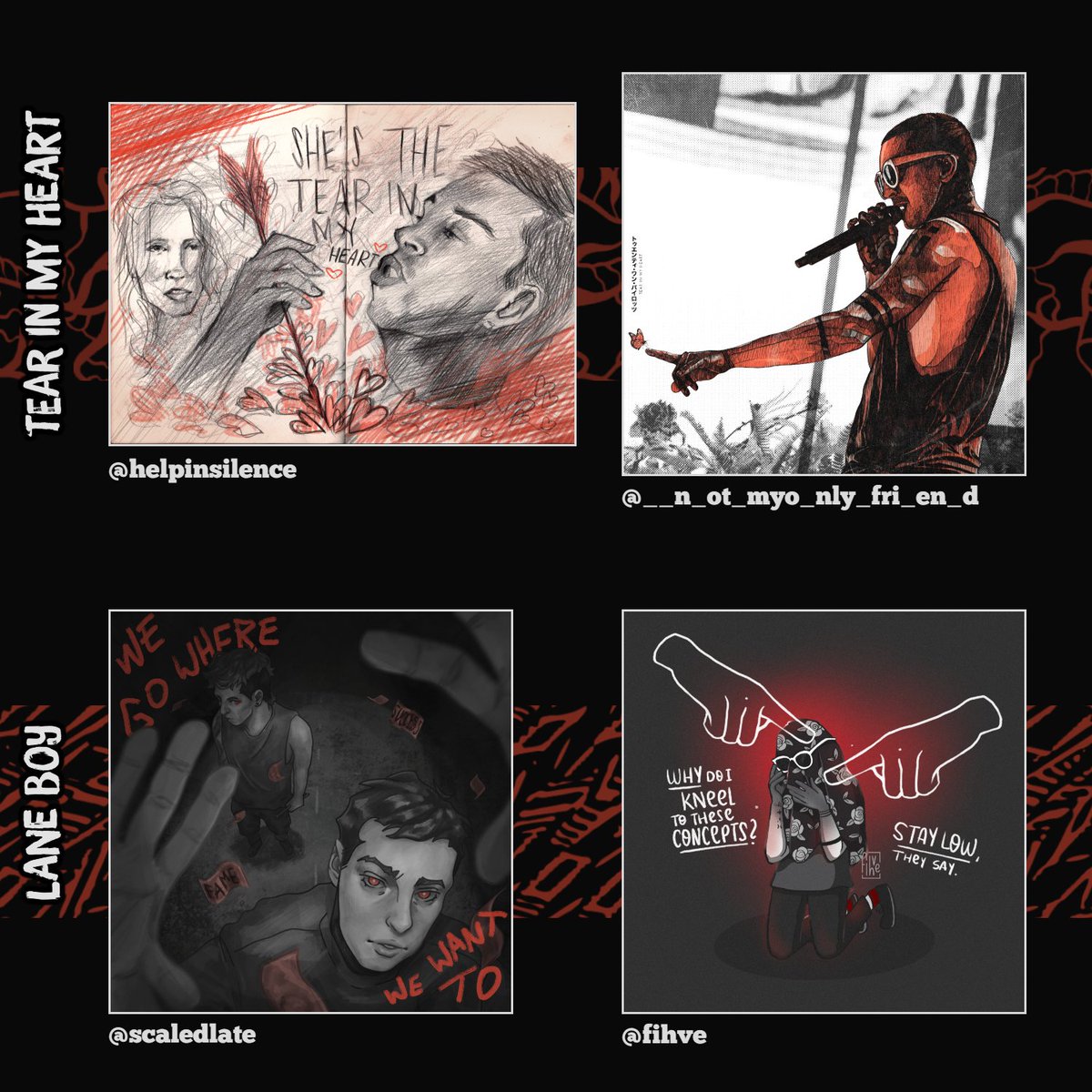 artbytheclique's tweet photo. happy 8th anniversary, blurryface! you started this amazing storyline and have united a lot of us along the way. also some banger songs. 28 artists joined us to make art inspired by those songs, check them out below 8️⃣❤ #cliqueart https://t.co/Ww5EhzRpzA