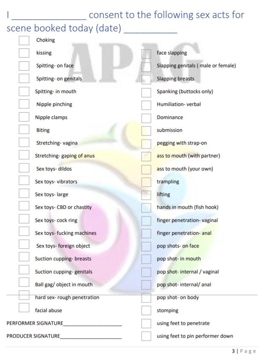 An example of a consent checklist, this is not the only one available. But it’s highly recommended a consent list is gone over (on camera if possible) going over ALL boundaries A-Z. And be 100% honest!
