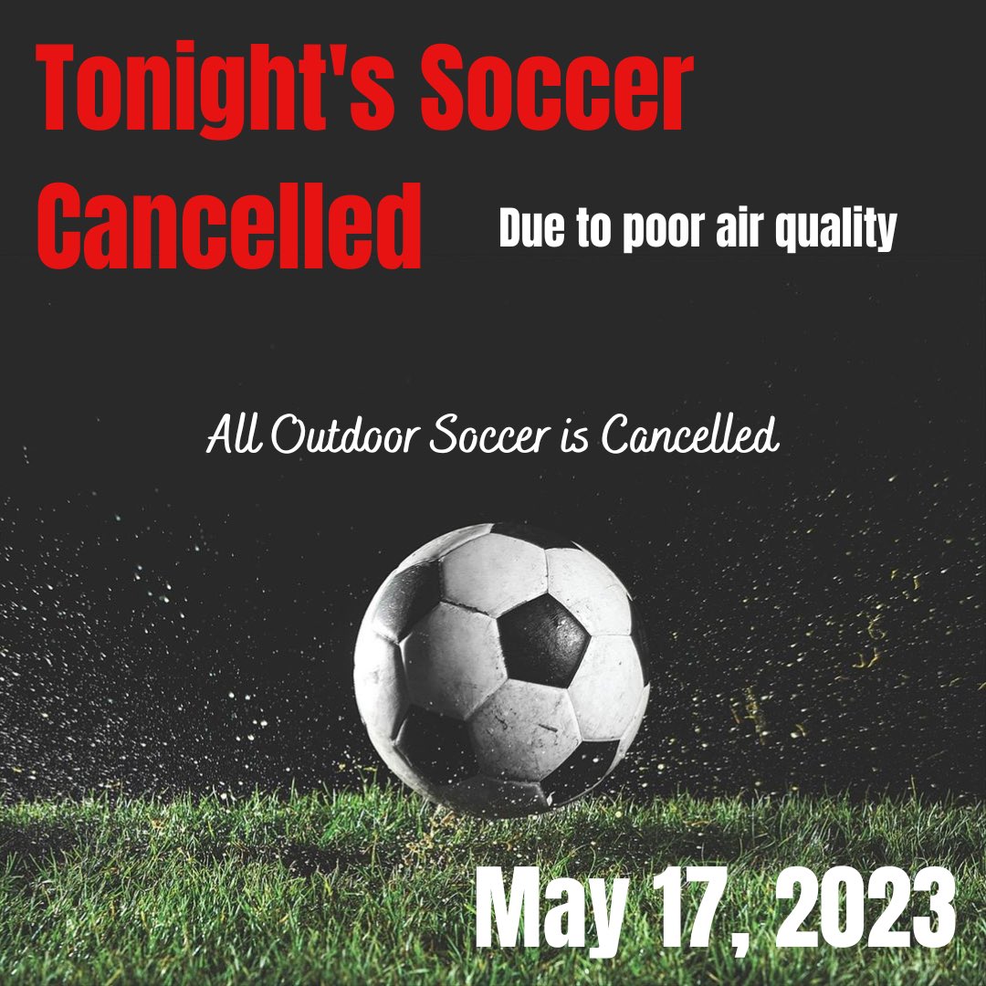 All outdoor soccer is cancelled tonight!

All indoor activities will resume as usual

#weyburnsoccer #outdoorsoccer #springseason #cancellation #poorairquality