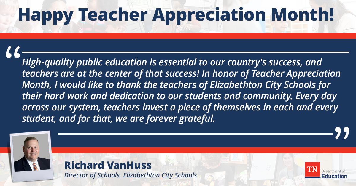 We know how hard all teachers and staff work to run a school. Check out what Director VanHuss of @ElizCitySchools has to say to his teachers>>> #TNSupportsTeachers