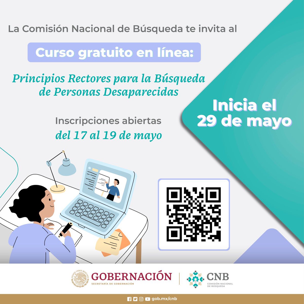 Busqueda_MX's tweet photo. 🔴Te invitamos a participar en el curso en línea sobre “Principios Rectores para la Búsqueda de Personas Desaparecidas”.
👉Puedes consultar aquí la convocatoria: https://t.co/NWmKI53lGJ 
👉Solicita tu inscripción: https://t.co/EWaJds4289  🧵
@SEGOB_mx https://t.co/91m4hzGtaC