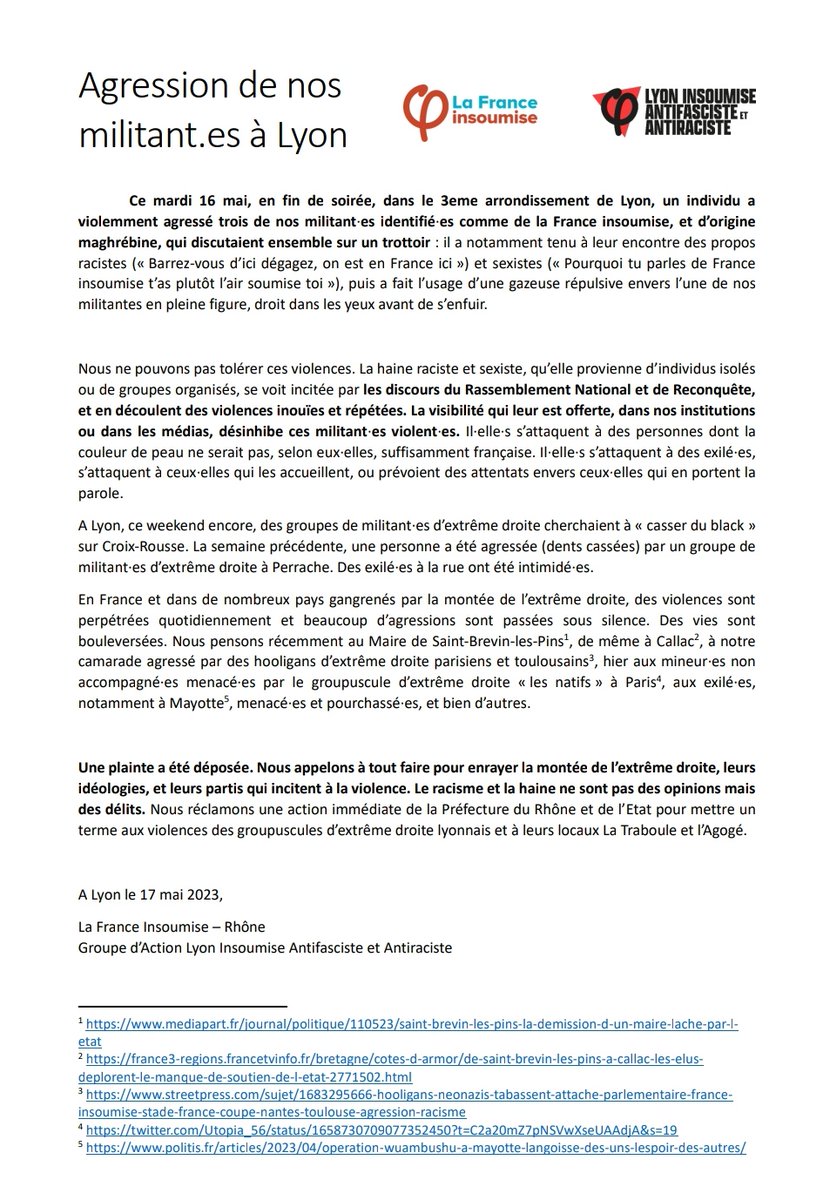 🔴 Trois militant-es de la FI agressé-es hier à Lyon

Propos racistes, sexistes, gazeuse

📢 Nous ne pouvons pas tolérer ces violences. Nous appelons à tout faire pour enrayer la montée de l'extrême droite, leurs idéologies et leurs partis qui incitent à la violence ⬇️