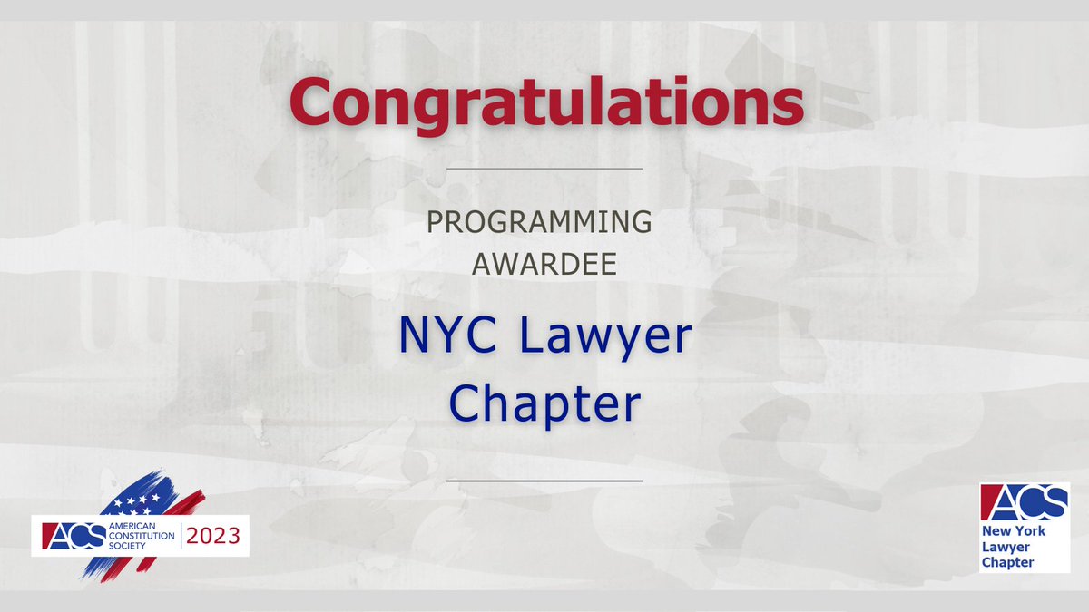 ACS Programming Awards are presented annually to our most active chapters. Congratulations one of this year's programming awardees <a href="/acs_ny/">ACS Law NY</a>, who have helped shape the debate and promote a progressive vision of the Constitution. #ACS2023

acslaw.org/acs-chapters/l…
