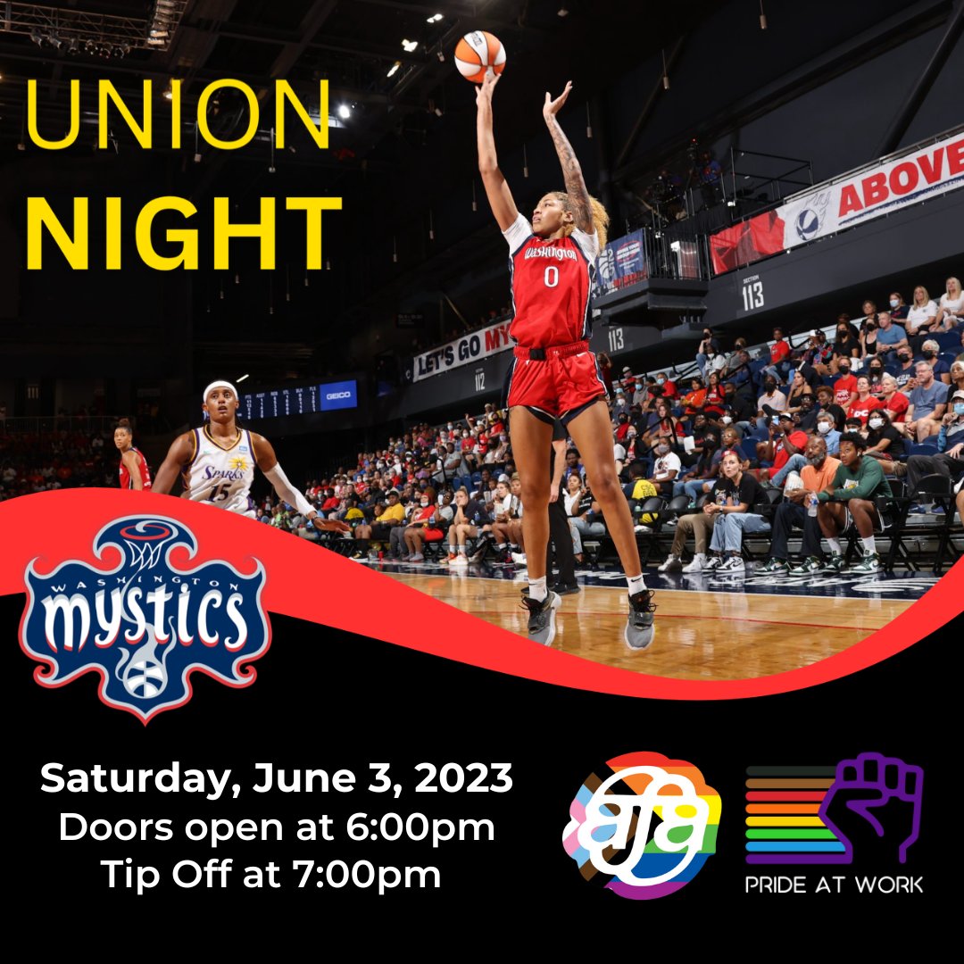 Join AFA-CWA and Pride At Work for Union Night at the Washington Mystics WNBA game on Saturday, June 3rd! 🏀
Tickets: pride-at.work/mystics
<a href="/afa_cwa/">AFA-CWA</a> <a href="/DCLabor/">Metro Washington Council AFL-CIO</a> <a href="/TheWNBPA/">WNBPA</a> <a href="/AFLCIO/">AFL-CIO ✊</a> #1u #1upride