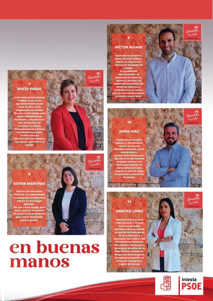 IniestaPsoe's tweet photo. ¡Ya tenemos el folleto de nuestra candidatura preparado! 👏👏👏👏

Esta noche empezaremos a repartirlo a los vecinos y vecinas de Iniesta para que podáis conocernos un poco mejor 🤗

#Iniesta #PSOE #enbuenasmanos #Elecciones2023 #psoeiniesta #EleccionesMunicipales #28M https://t.co/vn3wB9ZYci