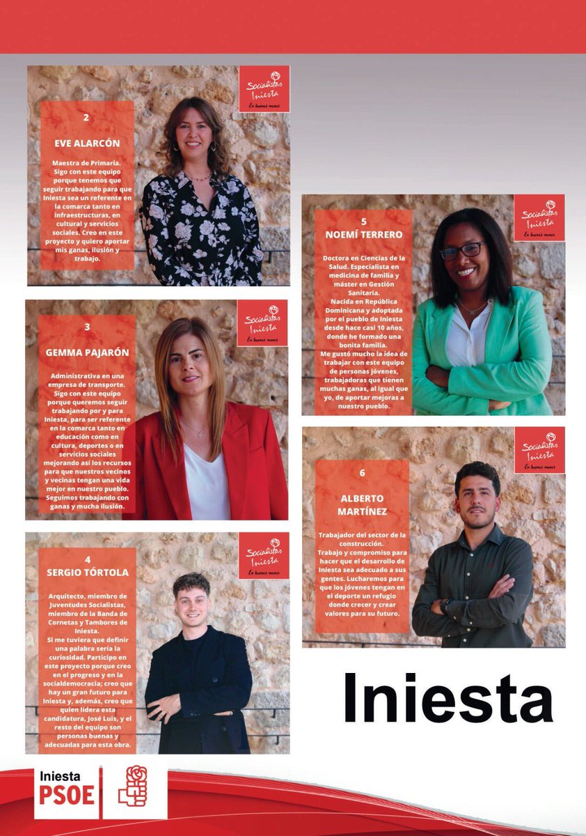 IniestaPsoe's tweet photo. ¡Ya tenemos el folleto de nuestra candidatura preparado! 👏👏👏👏

Esta noche empezaremos a repartirlo a los vecinos y vecinas de Iniesta para que podáis conocernos un poco mejor 🤗

#Iniesta #PSOE #enbuenasmanos #Elecciones2023 #psoeiniesta #EleccionesMunicipales #28M https://t.co/vn3wB9ZYci