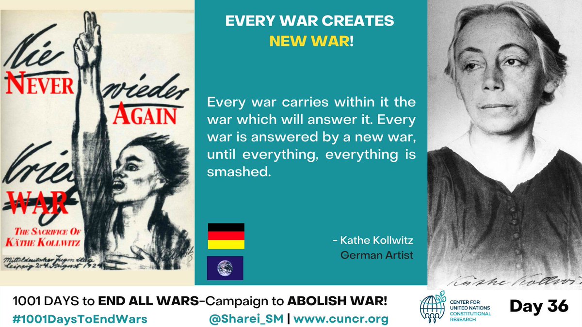 Every War Creates A New War
#KatheKollwitz: Every war carries within it the war which will answer it,  until everything, everything is smashed.

Day 36 of 1001-Days to End All Wars
@UN #UkraineRussianWar @WomensArt @GuardianBooks  @ArtOnTimeline @Arteymas_