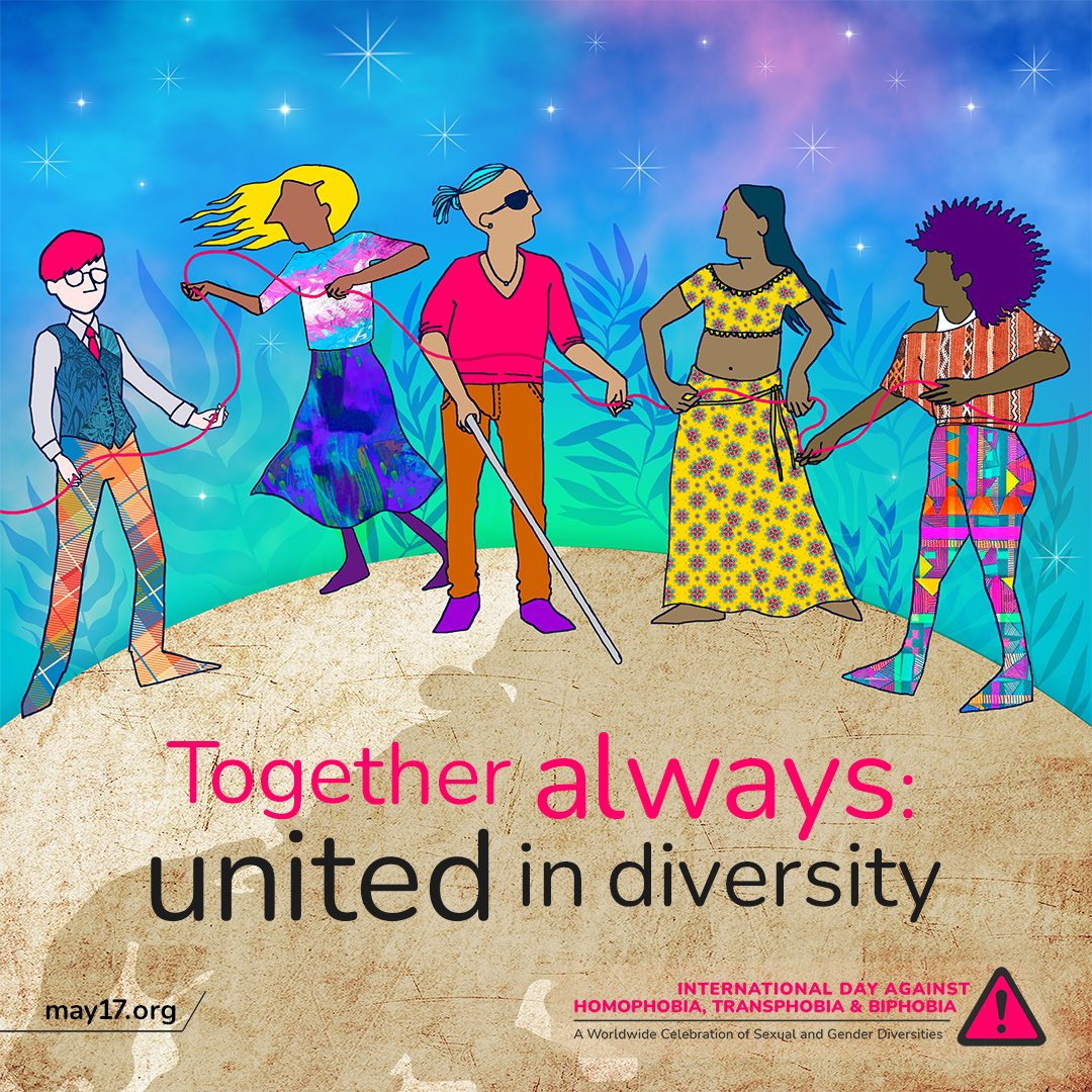 May 17 is Int’l Day Against Homophobia, Transphobia & Biphobia supported by @may17org to raise awareness of the violence & discrimination experienced by members of LGBTQlA+ communities. #IDAHOBIT2023 theme is “Together always: united in diversity.” Visit may17.org/idahobit2023/