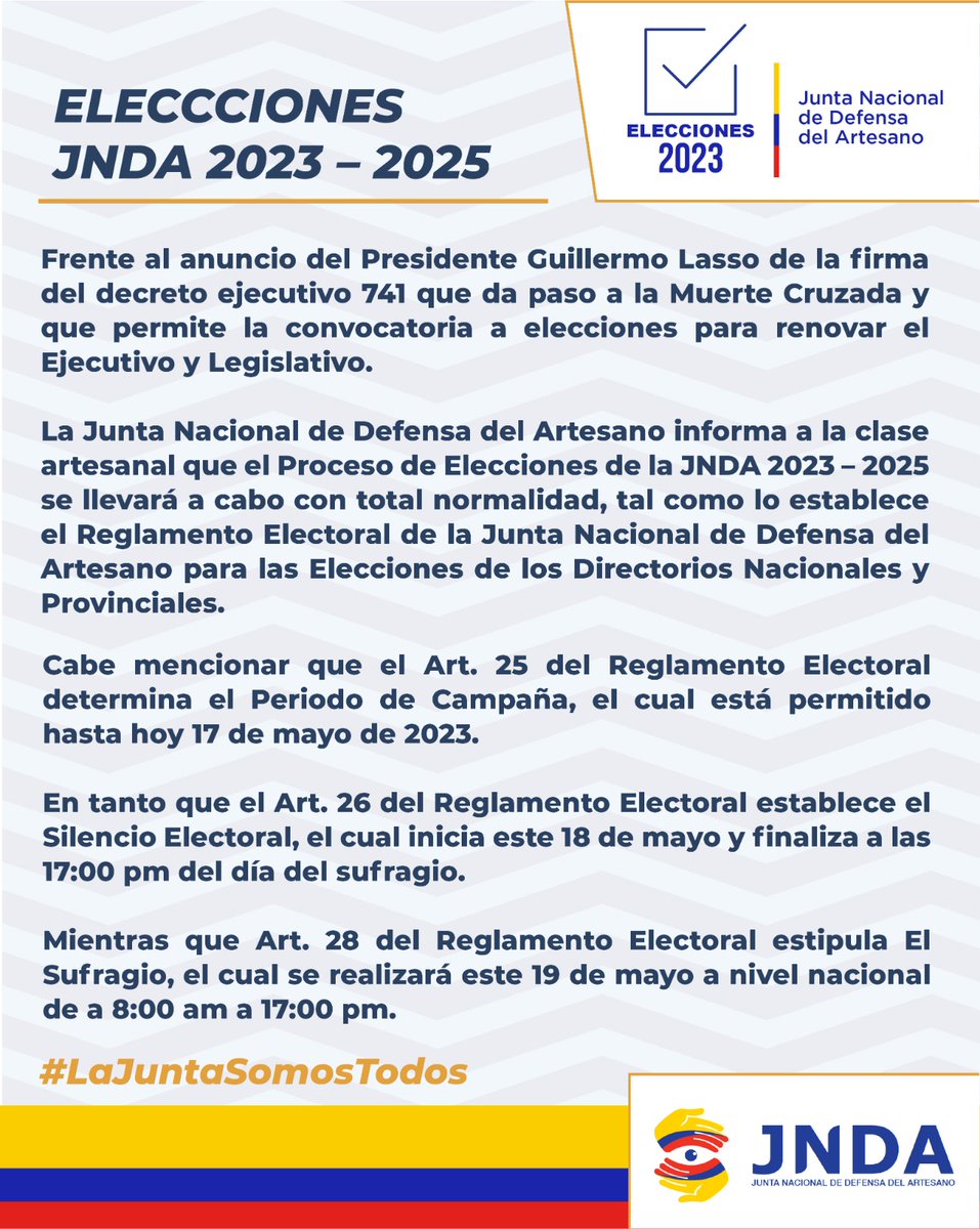 🔴ATENCIÓN🔴

Sobre los recientes hechos suscitados en el país, La Junta Nacional de Defensa del Artesano informa al Sector Artesanal que las Elecciones de la JNDA previstas para este 19 mayo de 2023 se llevarán a cabo con total normalidad. 

<a href="/MinTrabajoEc/">Ministerio del Trabajo Ecuador 🇪🇨</a>
<a href="/cnegobec/">cnegobec</a>