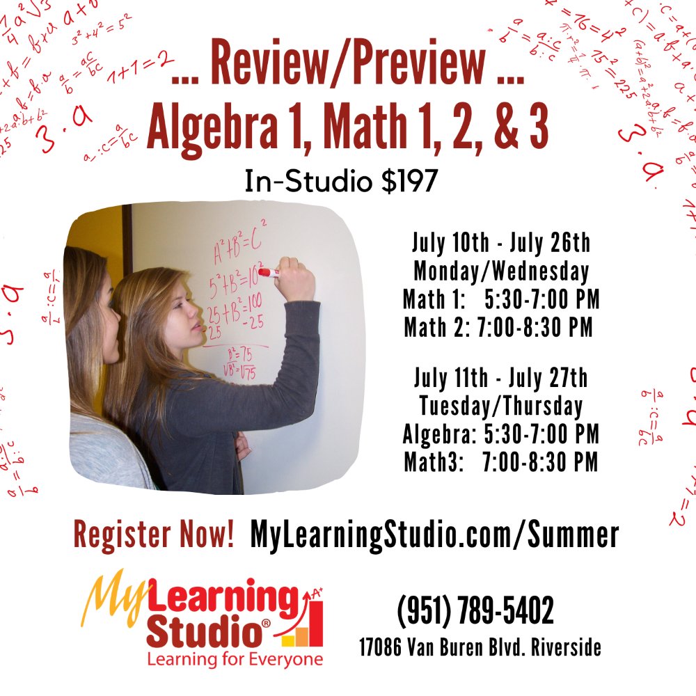 My_Learn_Studio's tweet image. MATH REVIEW/PREVIEW...
Sharpen your skills or get a head start on Algebra 1, Math 1, 2, and 3.

Call (951) 789-5402 to register &amp;amp; ask about FREE Math Assessments!
mylearningstudio.com/summer

#MyLearningStudio #tutoring #tutor #tutoringcenter #RiversideTutors #MathTutor #summerschool