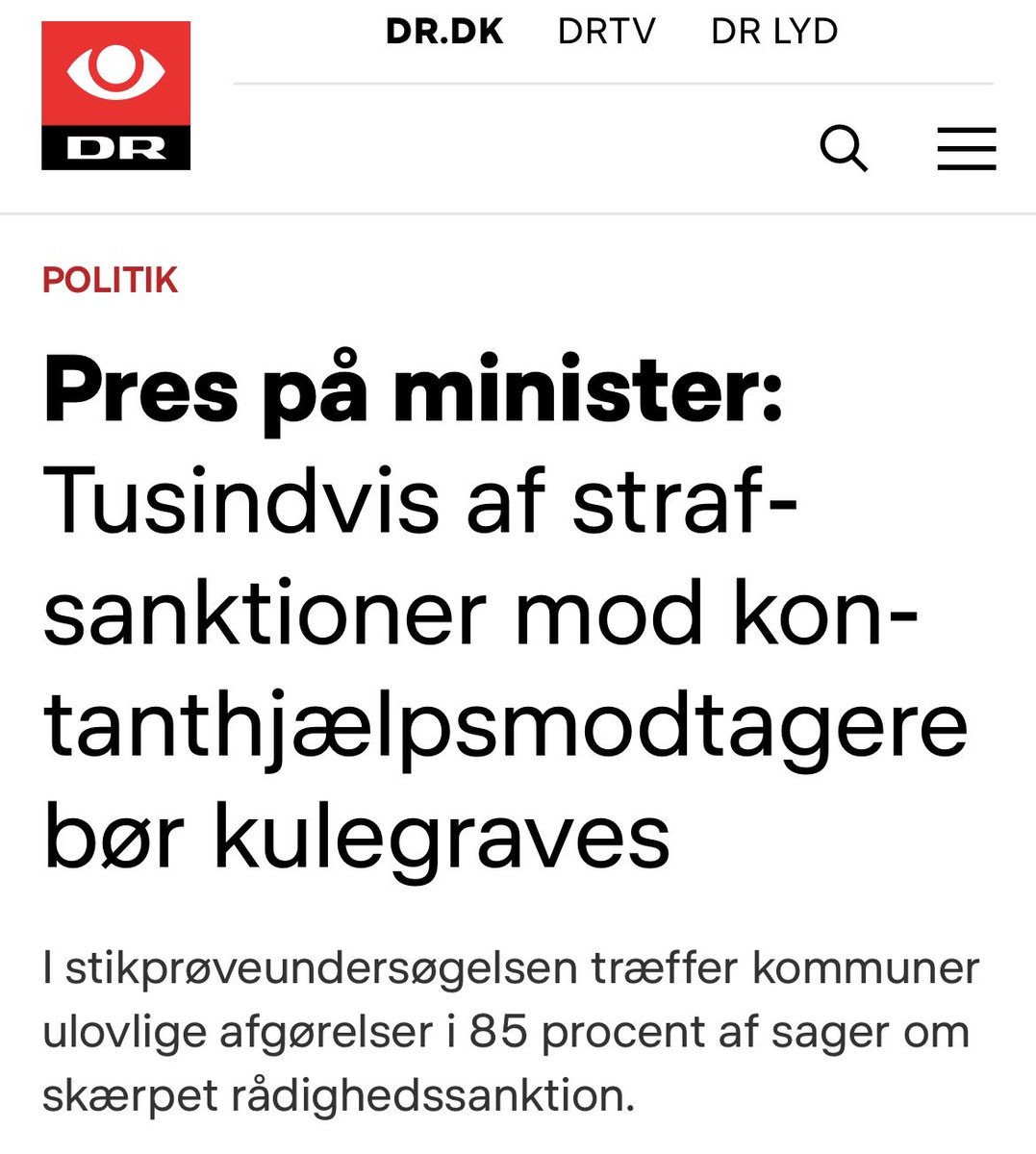 En stikprøvekontrol viser at 85-100% af sanktioner mod kontanthjælpsmodtagere er ulovlige. 100% !! 
Men kræver beskæftigelsesministeren så, at kommunerne tjekker alle deres sager igennem? Nej. 
Det må kommunerne sørme selv bestemme… 
Retssikkerheden er død! 
#dkpol #dkmedier