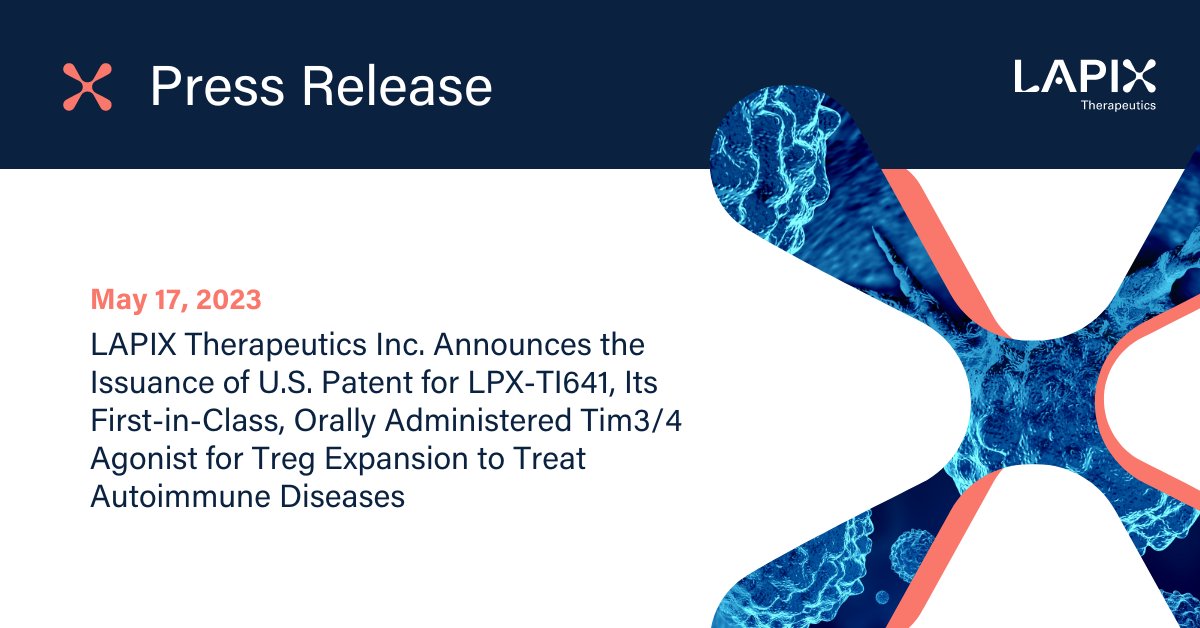LAPIX_Tx's tweet photo. The issuance of our patent for our orally administered #ImmuneTolerance restoration therapy marks a significant step towards creating a new patient-centric standard of care for #AutoimmuneDiseases. Learn more about this important milestone here: https://t.co/jND3F94eFL #Tregs https://t.co/OPPrQVaGCM