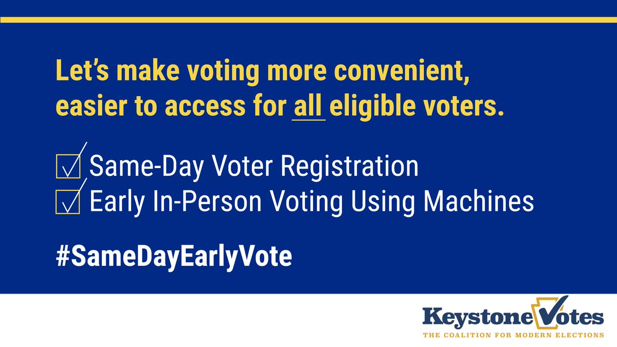 Roughly two-thirds of all states, Red and Blue alike, have some form of early voting. Likewise, some two dozen states &amp; D.C. permit qualified residents to register and vote on Election Day. It’s time for PA to do the same! #SameDayEarlyVote