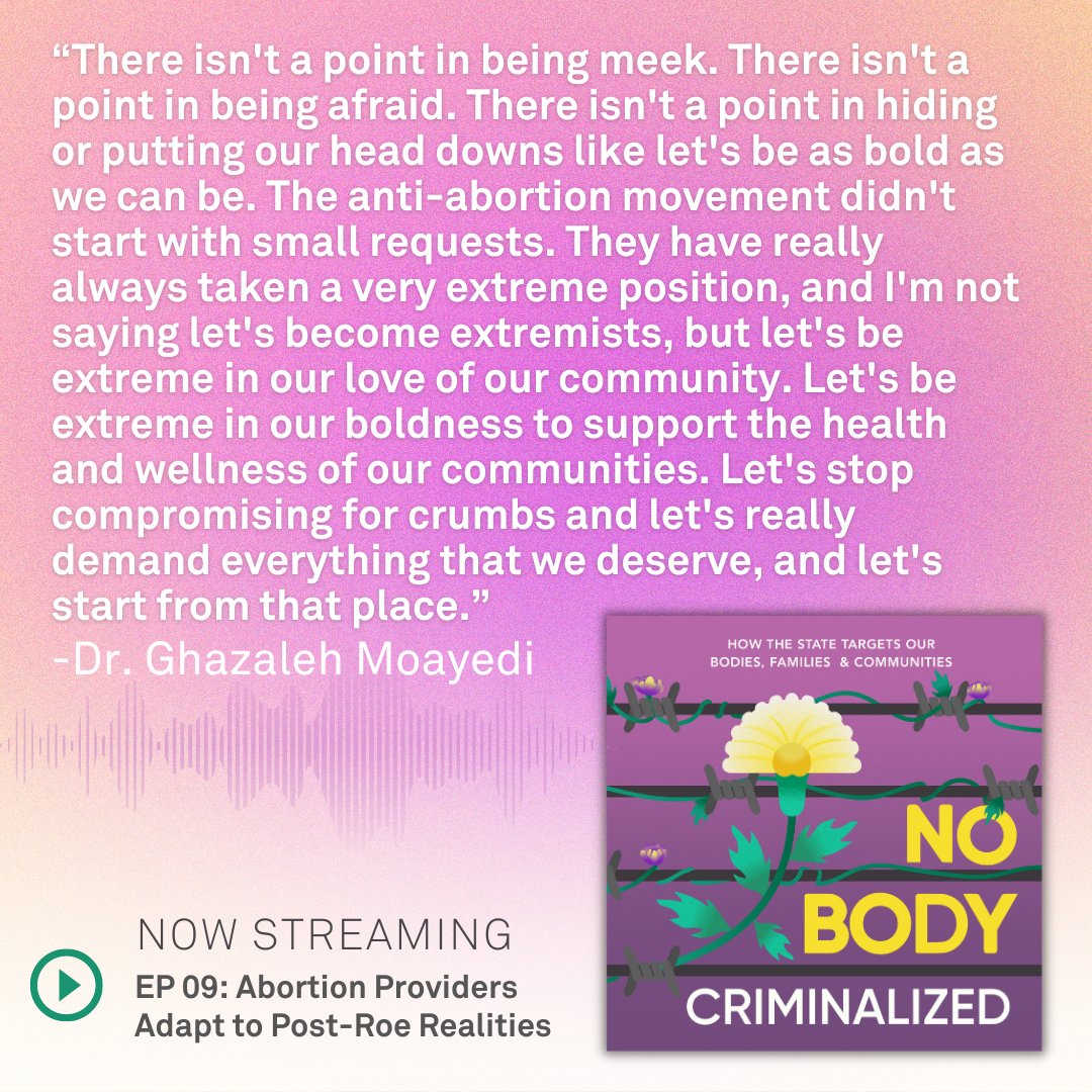 On Episode 9 of No Body Criminalized, @dr_moayedi and Rafa Kidvai discuss the challenges faced by abortion providers in the wake of a post-Roe reality and the ways she continues to give compassionate abortion care. Stream here now: no-body-criminalized.simplecast.com/episodes/abort… 💜🎧