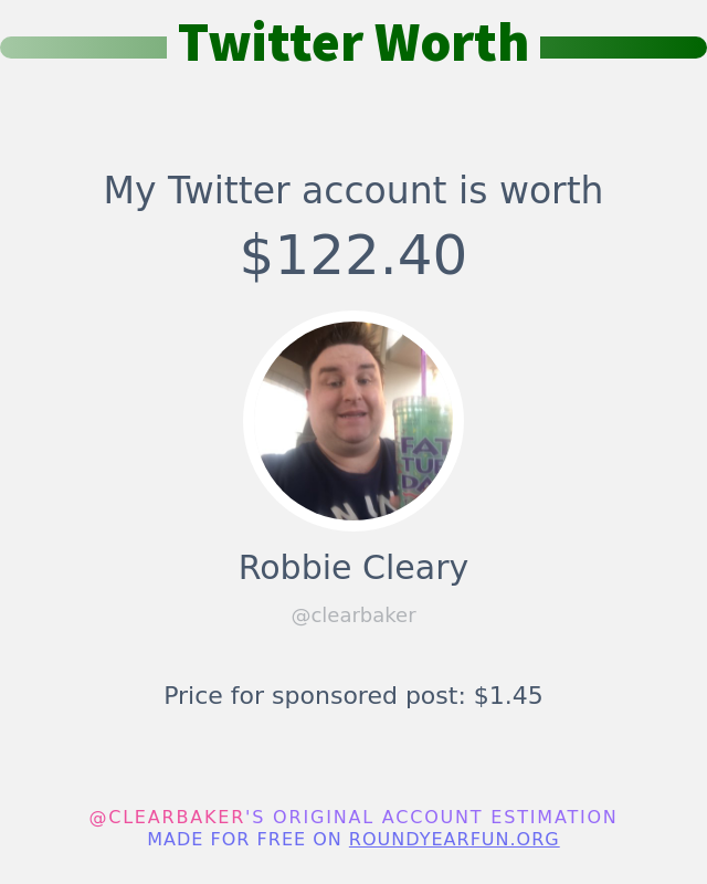 clearbaker's tweet image. My Twitter worth is: $122.40

➡️ anyplacehere.me/twitterworth