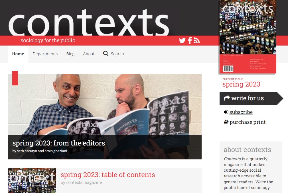 The spring 2023 issue of @contextsmag is live! All content is free for 30 days. What are you waiting for? Dive in baby, deep into the social. #publicsociology (@UBCSociology @ubcnews @UBC_Arts @ASAnews)