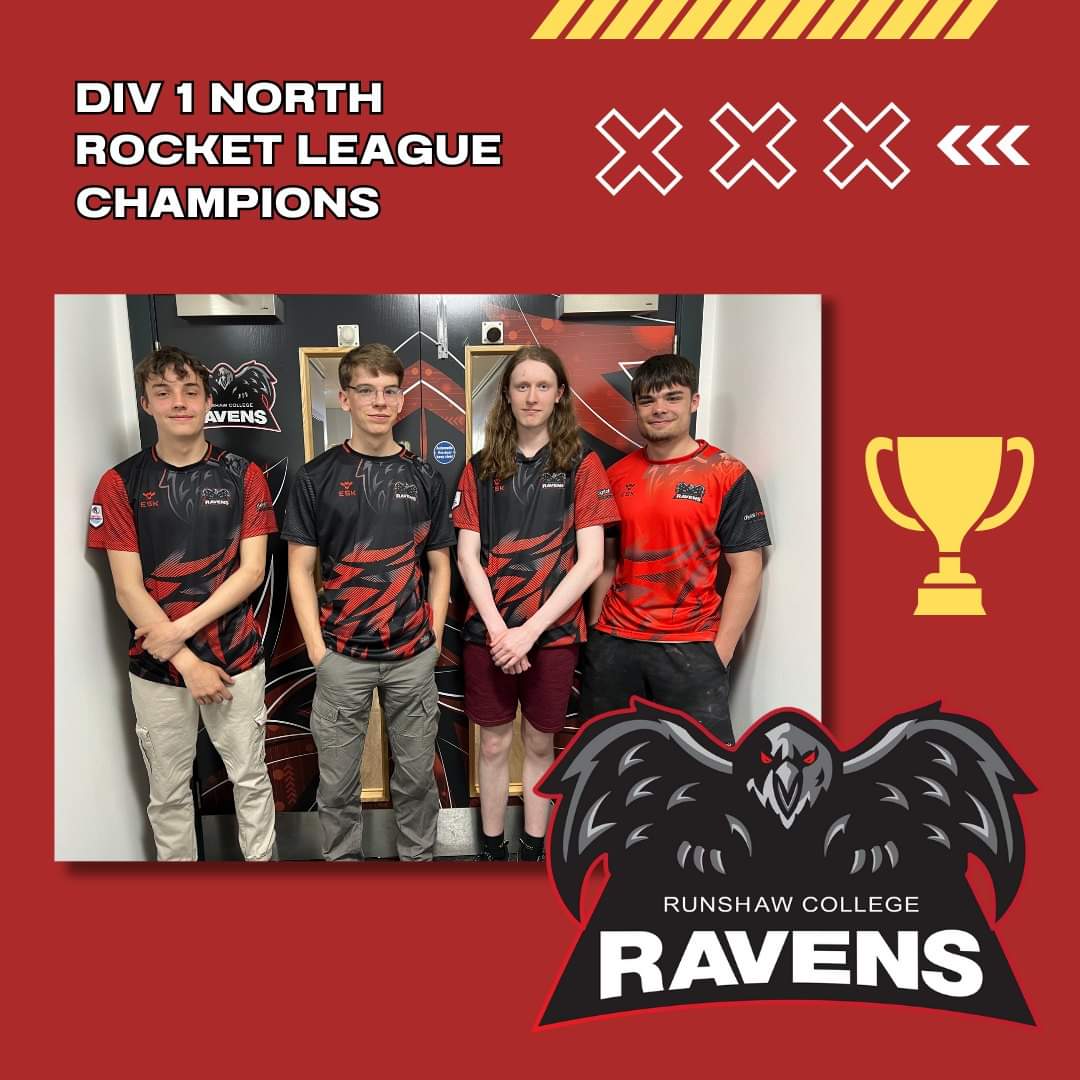 vocmedia's tweet photo. Well done Jack Dixon 🏆🌟🙌 great result for the Runshaw Ravens are the Division 1 North Esports Rocket League Champions! A fantastic 4-0 win. A place in the final 🥳 #esports #BritishEsports #RocketLeague #AlienWare #RunshawAdvantage
#btecmedia https://t.co/bmxNuHfwVb