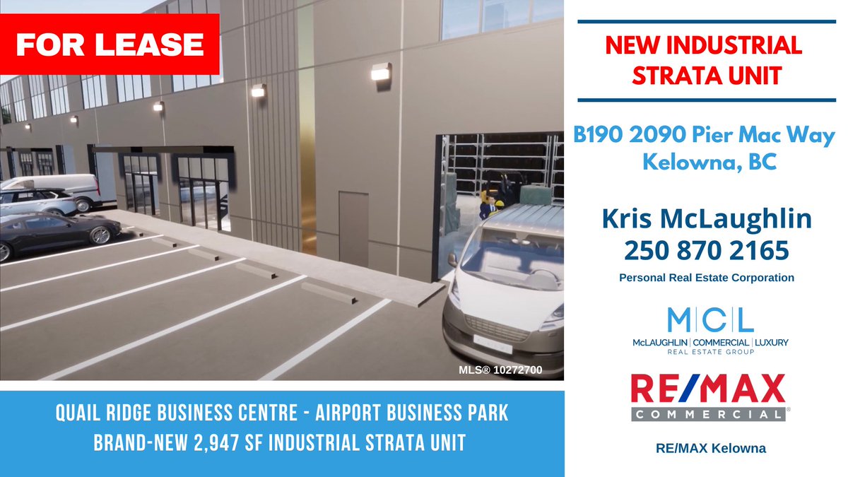 kmclaughlinCCIM's tweet photo. New #industrial strata unit for #lease in Quail Ridge Business Centre in #Kelowna contact Kris McLaughlin of the MCL Real Estate Group - RE/MAX Kelowna https://t.co/FJLG2Qn4GP