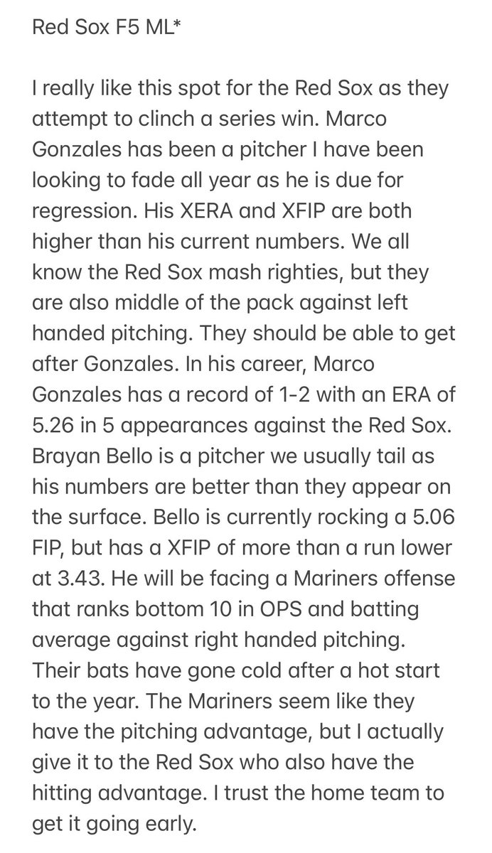 thepickdon's tweet photo. Red Sox F5 ML* write-up ⬇️

Good luck if you tail! https://t.co/spJ475tRol