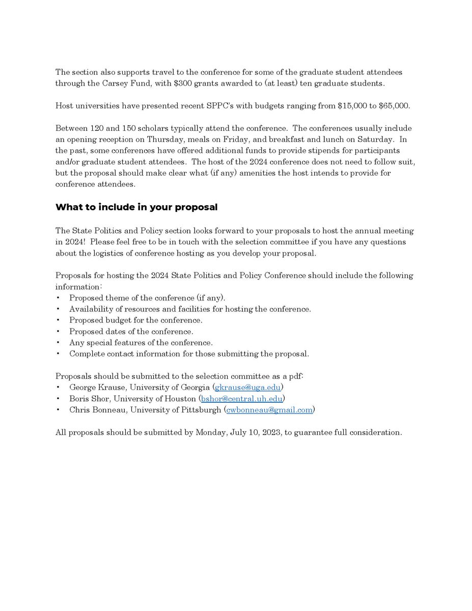 State politics scholars, the State Politics &amp; Policy section of <a href="/APSAtweets/">APSA</a> is seeking proposals to host the 2024 State Politics conference. I hosted it @GVPTUMD in 2019 and it was a great experience. Happy to answer questions.