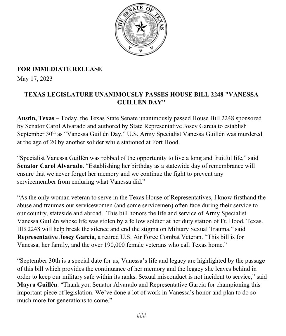 September 30th is officially Vanessa Guillen Day ❤️ in the state of Texas! te quiero mucho hermanita. <a href="/vguillen_30/">Vanessa</a> 🇺🇸another accomplishment!!
