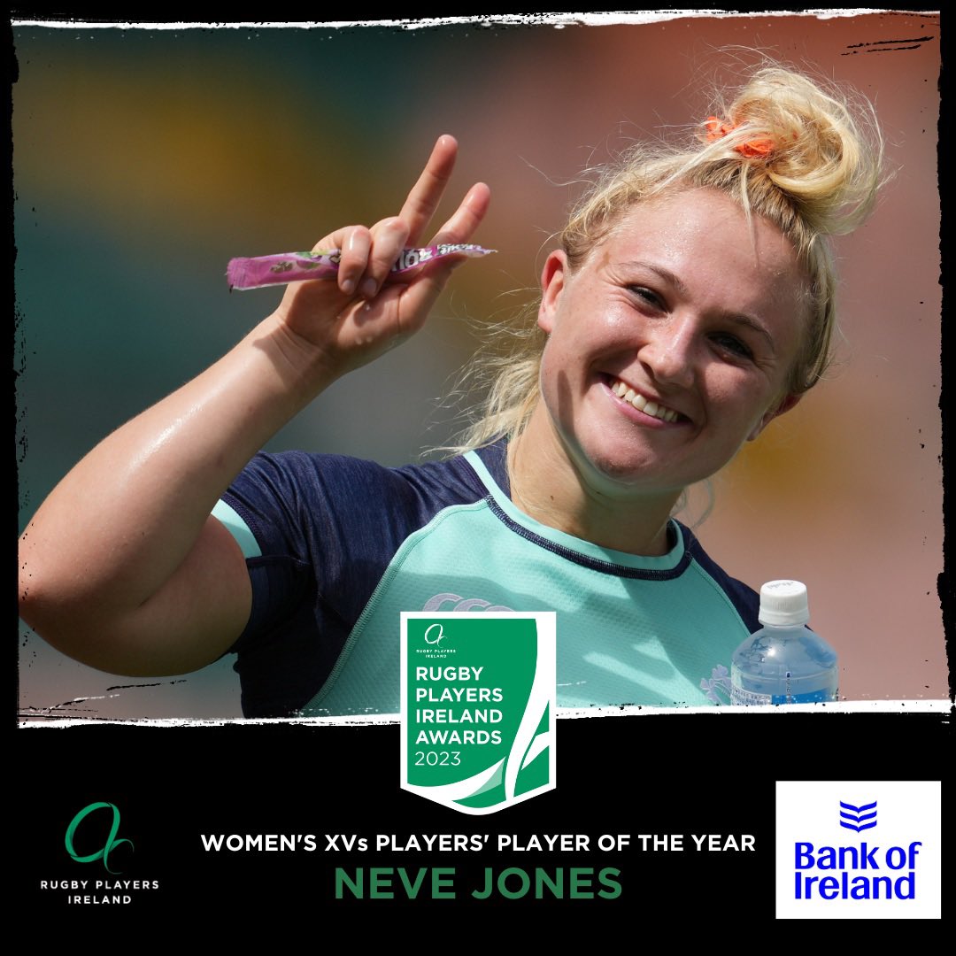RugbyPlayersIreland (@rugbyplayersire) on Twitter photo 🎉 <a href="/bankofireland/">Bank of Ireland</a> Women’s XVs Players’ Player of the Year 🎉
<a href="/Nevejones19/">Neve_jones-</a> stood up to the challenge this year and continues to develop as a leader of this new generation ☘️
#RugbyAwards23 #MoreThanAPlayer 🎉 <a href="/bankofireland/">Bank of Ireland</a> Women’s XVs Players’ Player of the Year 🎉
<a href="/Nevejones19/">Neve_jones-</a> stood up to the challenge this year and continues to develop as a leader of this new generation ☘️
#RugbyAwards23 #MoreThanAPlayer