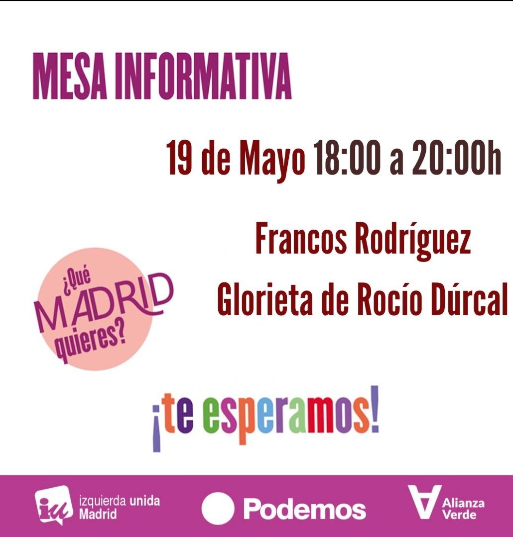 Podemos_DV's tweet photo. Este Viernes 19, estaremos en una Mesa Informativa
compartiendo con vecinas y vecinos nuestras propuestas para #TransformarMadrid
Os esperamos!!
👉Mesa Informativa
📅 19 de Mayo
⏰18 - 20 h
🏠 Francos Rodríguez, Glorieta Rocío Dúrcal https://t.co/NZOEpGZahC