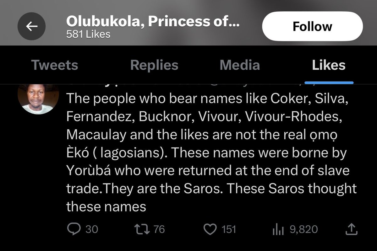 General_Oluchi's tweet photo. I don’t need to know you (you don’t matter in the grand scheme of things). But your type is very predictable. Your page is a proof of the type of things you engage on social media even when you think no one is watching. 

These are some of the things you LIKED on Twitter as a closet tribalist you are. You think that if you don’t tweet it, no one would know? 

Pic 1:  was you liking a recent Tweet saying people like GRV are not the real Lagosians! Did you do it for clout or attention? 

Pic 2: was you liking a tweet of people who missed out on Asiwaju’s victory. Why are you suddenly denying your political interest? Who will beat you? 

Pic 3: someone condemned APC and you jumped out like a virus ad to subtly fight back. 

Should I post more? 

At least I don’t hide my disgvst for your kind. Everyone knows I hate APC and everything it birthed.